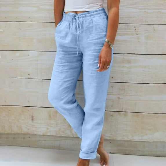 Sakmal Pleated Women's Pants Drawstring Cotton Linen Comfy Cuffed High Waisted Solid Blue Full Length Pants with Pockets