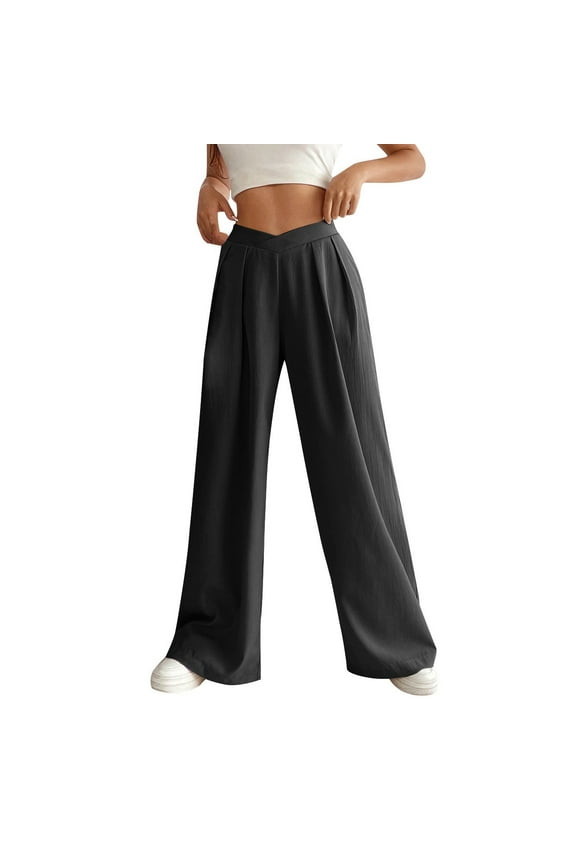 Pleated Women's Pants Workout Stretchy Casual Wide Leg Plain Black High Waisted Full Length Pants with Pockets