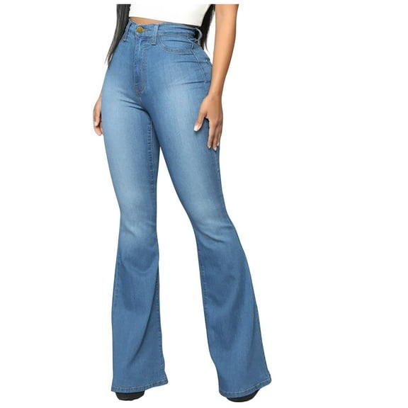 Sakmal Pleated Womens Pants Denim Bootcut Horseshoe Jean Blue Long Solid High Waisted Pants with Pockets