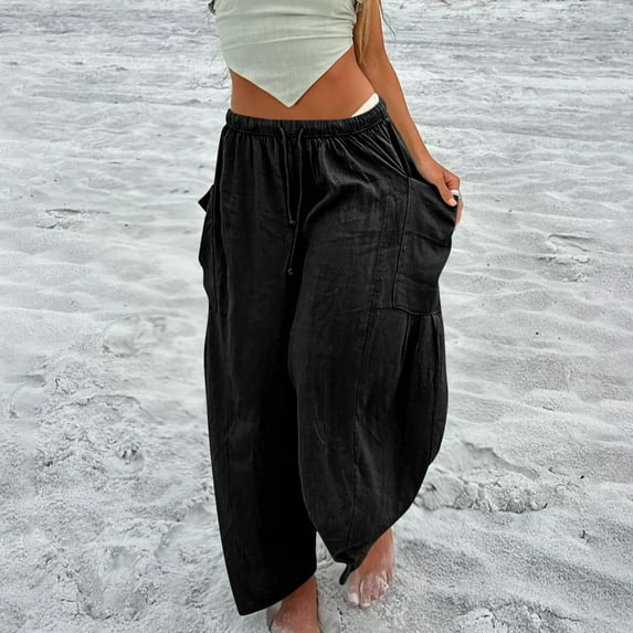 Sakmal Pleated Womens Pants Wide Leg High Waisted Elastic Waist Drawstring Solid Black Pants