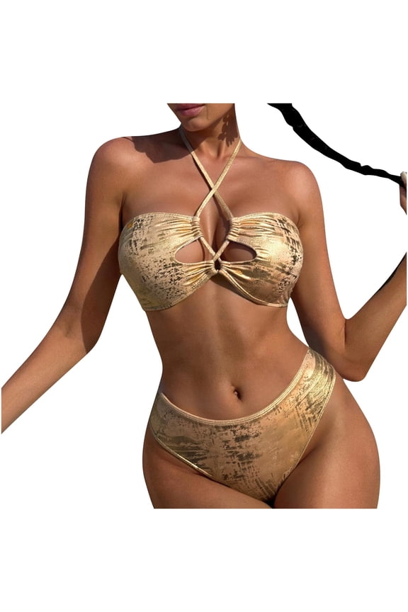 Plunge Bikini Btahing Suits for Women Tummy Control Halter Swimwear Gold Solid Vacation Bathing Suits for Women S