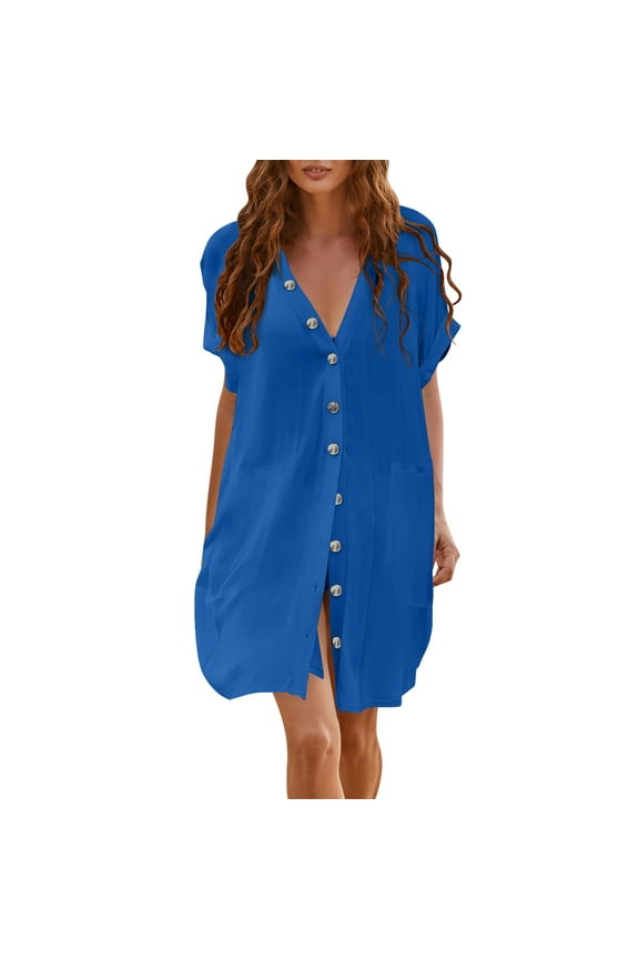 Plus Bathing Suit for Women Blue Cover Up Swimwear Tops with Pocket Swimsuit Women