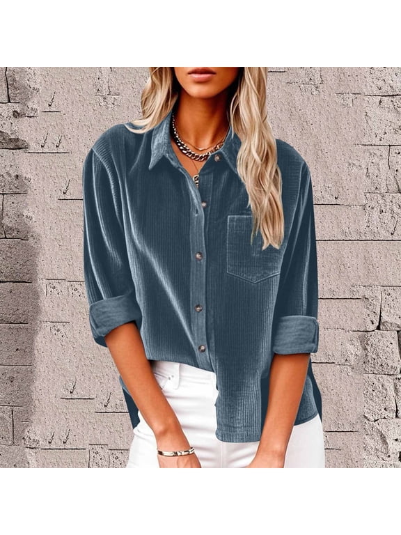 Blouse Tops for Women Fall Royal Blue Cotton Tops Long Sleeve Plain V Neck Blouses for Women