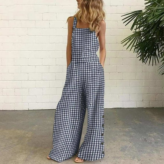 Sakmal Plus Size Casual Jumpsuits for Women Cottonand Linen Plaid Wide Leg Overalls Blue Sleeveless Square Neck Long Pants for Women
