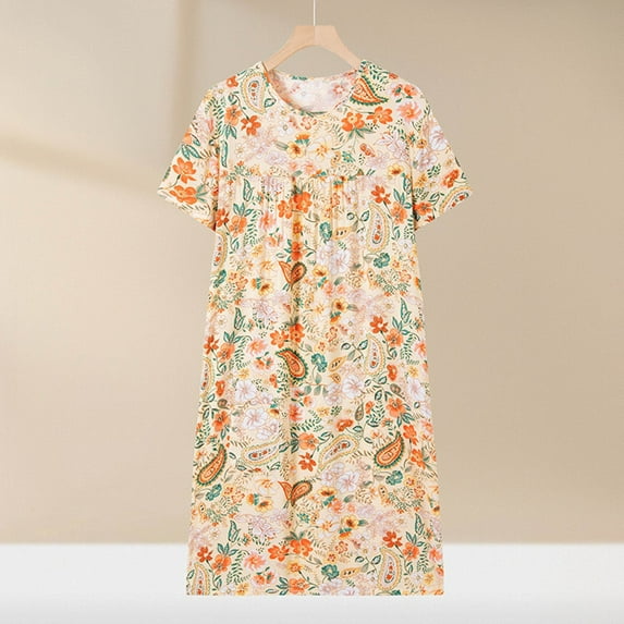 Sakmal Plus Size Cotton Nightgowns for Women Cotton Playful Yellow Soft Mumu Dress Short Sleeve Floral Crew Neck Long Nightgowns XL-3XL