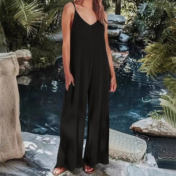 Sakmal Plus Size Dressy Jumpsuits for Women Wedding Guest Wide Leg Solid Overalls Black V Neck Sleeveless Long Pants for Women