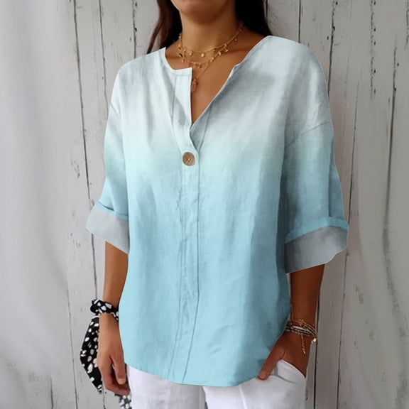 Sakmal Plus Size Going Out Tops for Women Work Blue Button Down Tops Long Sleeve V Neck Gradient Tops for Women
