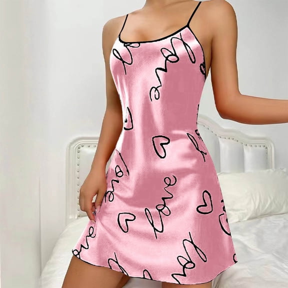 Sakmal Plus Size Moo Moo Nightgown for Women Short Comfy Spaghetti Straps Pink Nightwear Sleeveless Heart Print Chemises for Women