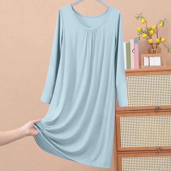 Sakmal Plus Size Moo Moos for Women Long Comfy Blue House Dress Long Sleeve Solid Nightgowns for Women