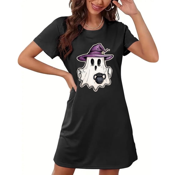 Sakmal Moomoo Dresses for Women Casual Short Black Halloween Night dress Witch Hat Print Short Sleeve Nightgowns for Women