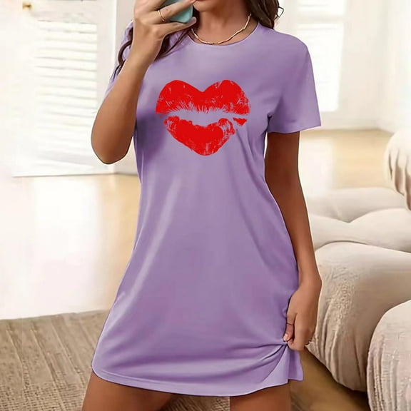 Sakmal Plus Size Moomoo House Dress for Women Purple Short Cute Nightshirt Short Sleeve Heart Print Nightgowns for Women