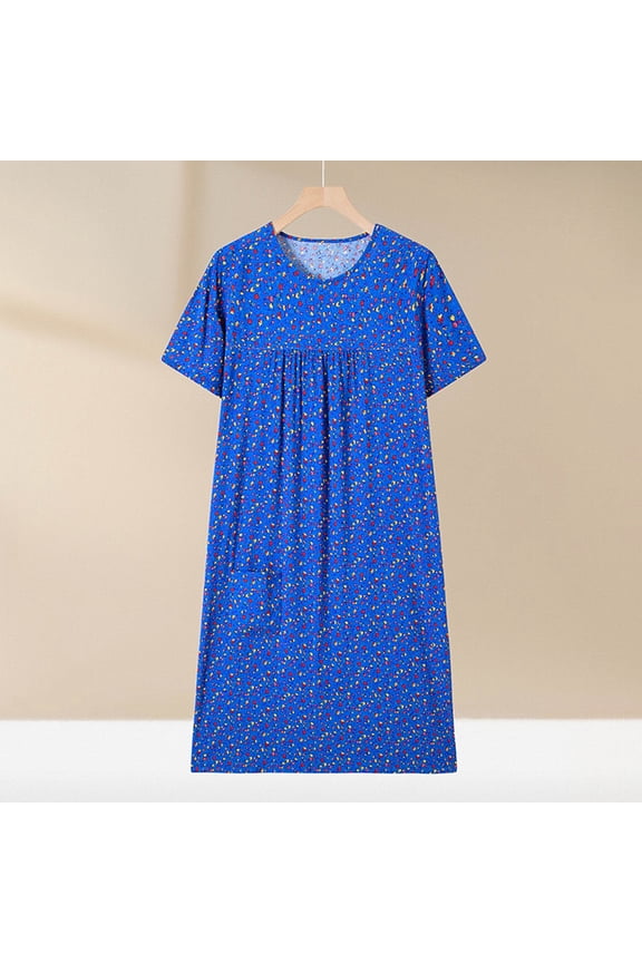 Plus Size Moomoo Womens Long Casual Blue Cotton Mumu Dress Short Sleeve Floral Nightgowns for Women