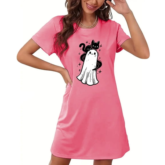 Sakmal Plus Size Moomoo Womens Nightgown Casual Halloween Pink Short Nightshirt Short Sleeve Black Cat Print Nightgowns for Women