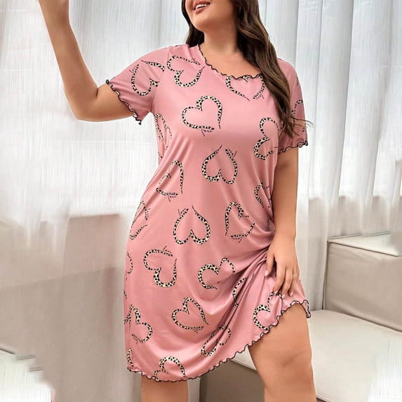 Sakmal Moomoo Womens Nightgown Short Sleeve Heart Print House Dress Soft Crew Neck Womens Nightgown 2XL