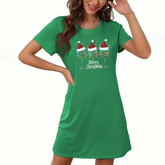 Sakmal Plus Size Nightgowns Women Playful Green Christmas Soft Moomoo Dress Merry Christma Print Crew Neck Short Short Sleeve Nightgowns S-2XL