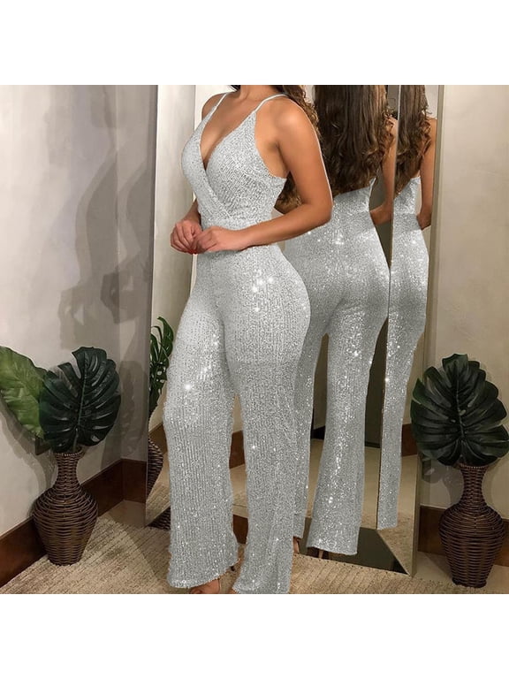 Plus Size One Piece Jumpsuits for Women Party Sleeveless White Sexy Overalls Wide Leg Full V Neck Sequin Pants with Pockets