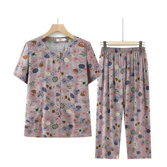Sakmal Plus Size Pajama Set Womens Cotton Short Sleeve Top and Pants Floral Pjs ,Pink,XXL