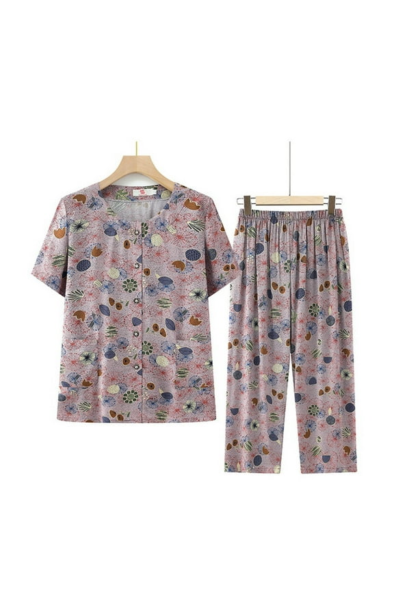 Plus Size Pajama Set Womens Cotton Short Sleeve Top and Pants Floral Pjs ,Pink,XXL