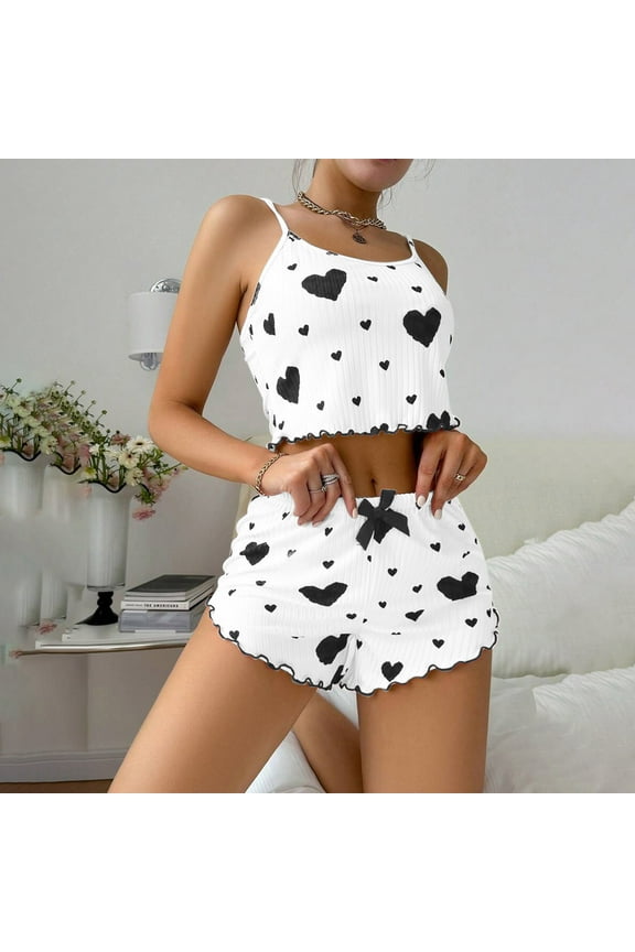 Plus Size Pajama Set for Women Tank Top and Shorts Stretchy Hearts Sleepwear ,Black,L