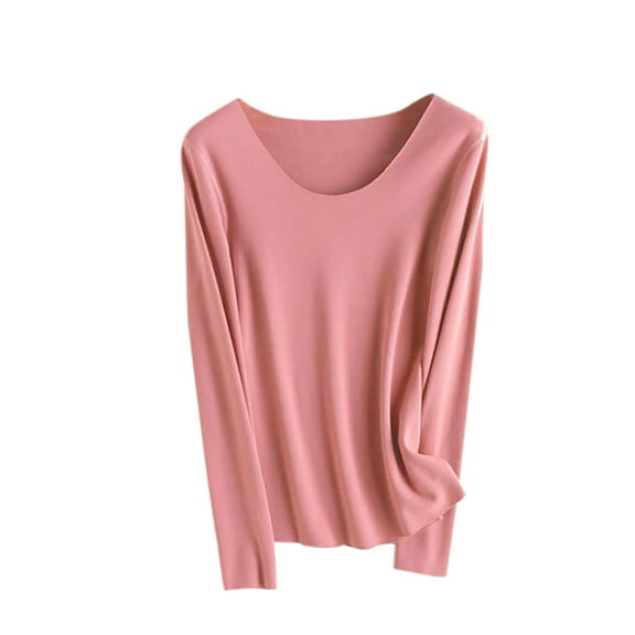 Sakmal Plus Size Pajama Tops for Women Pullover Thermal Underwear Long Sleeve Sleepwear Pink Crew Neck Sleepwear for Women M
