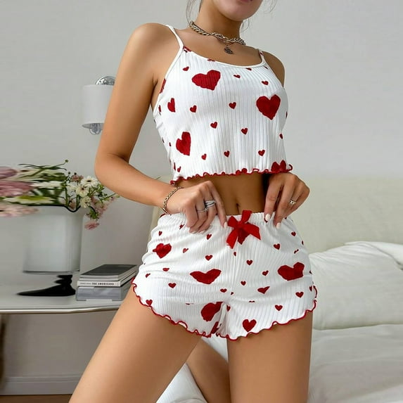 Sakmal Plus Size Pajamas for Women Set Stretchy Tank Top and Shorts Hearts Sleepwear ,Red,XXXL