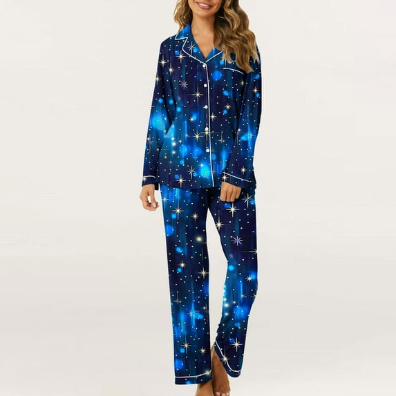 Sakmal Plus Size Pajamas for Women Set Winter Warm Pants and Shirt Long Sleeve Blue Pj Set Collared Graphic Pajamas for Women