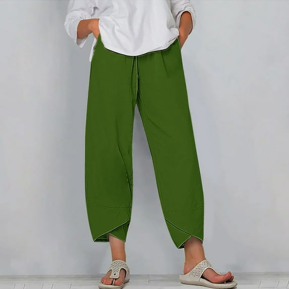 Sakmal Plus Size Pants for Women Casual Cropped Straight Leg Pleated Plain Green High Waisted Ankle Length Pants