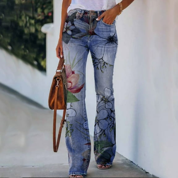 Sakmal Plus Size Pants for Women Mid Pleated Flare Leg Jean Pink Floral Pants with Pockets