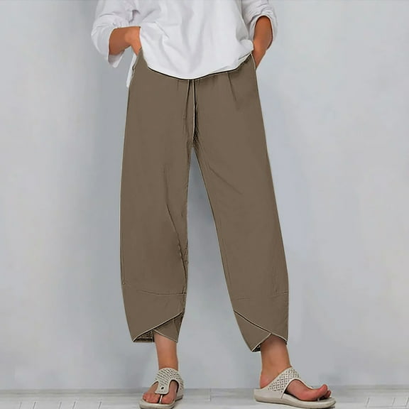Sakmal Plus Size Pants for Women Straight Leg Casual Cropped Pleated Plain Brown High Waisted Ankle Length Pants
