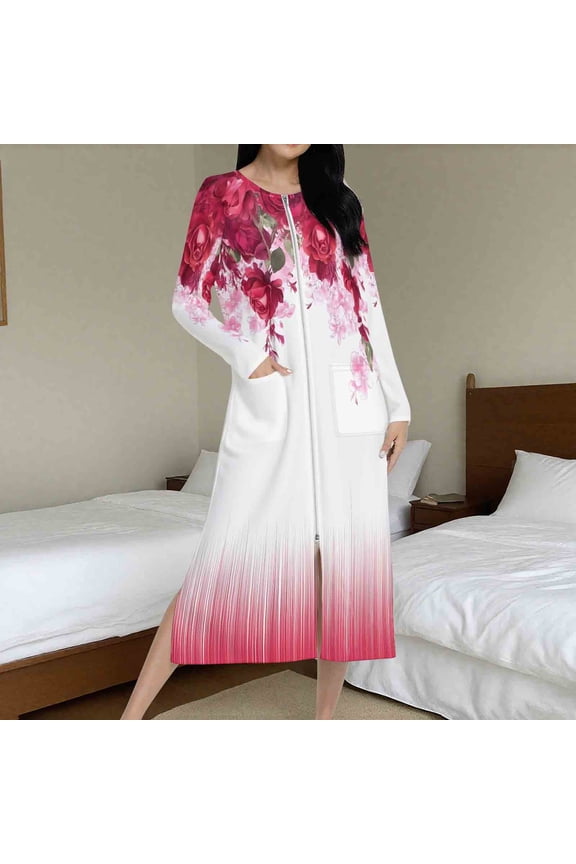 Plus Size Robes for Women Long Satin Zip Front Bathrobe for Women House Ladies Robe with Pockets
