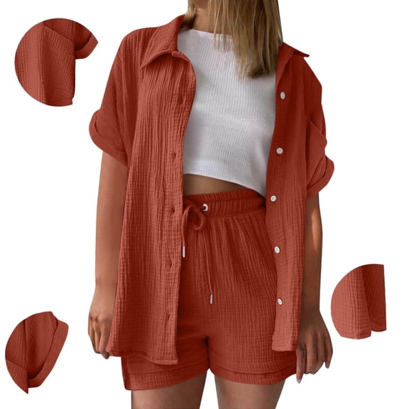 Sakmal Plus Size Shorts Sets Women Wide Leg Drawstring 2 Piece Outfits Summer Solid Brown Shorts for Women with Pockets