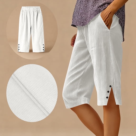 Sakmal Plus Size Shorts for Women Cotton Straight Leg Knee Length Bermuda Stretchy White Solid Ladies Shorts with Pockets