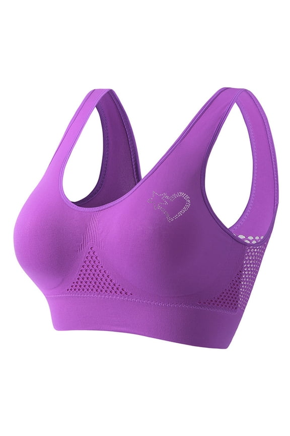 Plus Size Sports Bras Heart Print Wireless Purple Compression Stretchy Ladies Sports Bras M