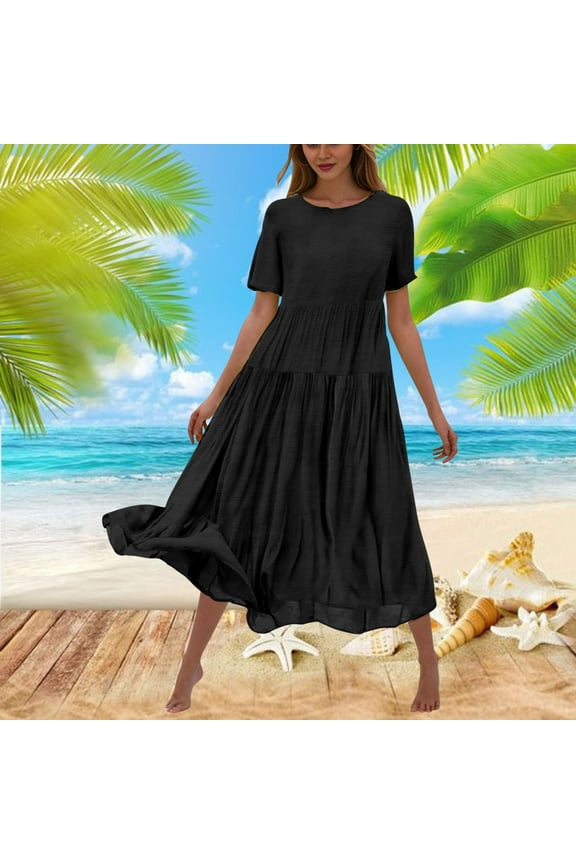Plus Size Summer Dresses Basic Solid Short Sleeve Comfort Fit Black Long Shift Dress