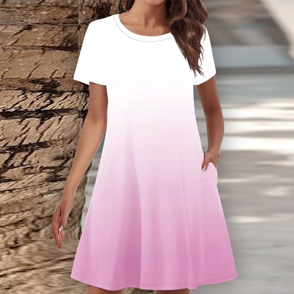 Sakmal Plus Size Summer Dresses Crew Neck Mid-Length White Gradient with Pocket Loose Fit Short Sleeve Basic Shift Dress