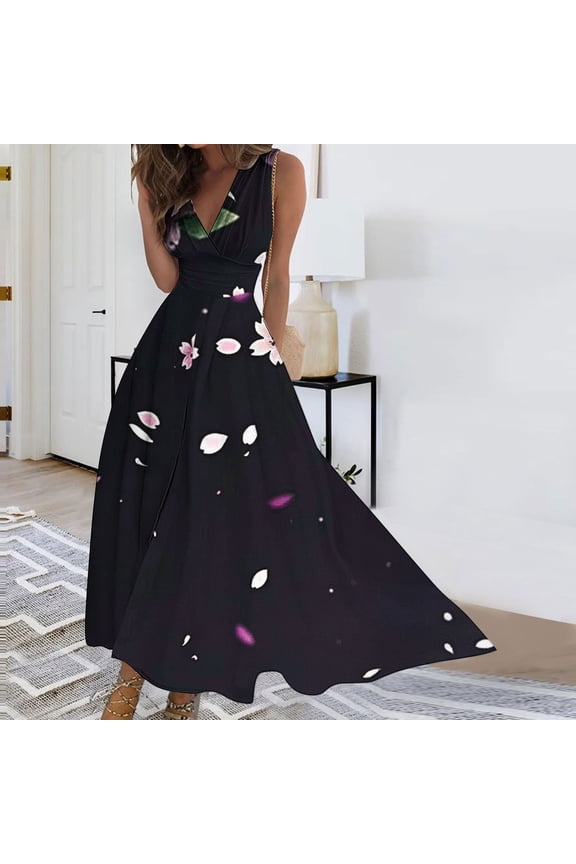 Plus Size Summer Dresses Flowy Evening Gown Floral Comfort Fit White Sleeveless Maxi Faux-Wrap Dress