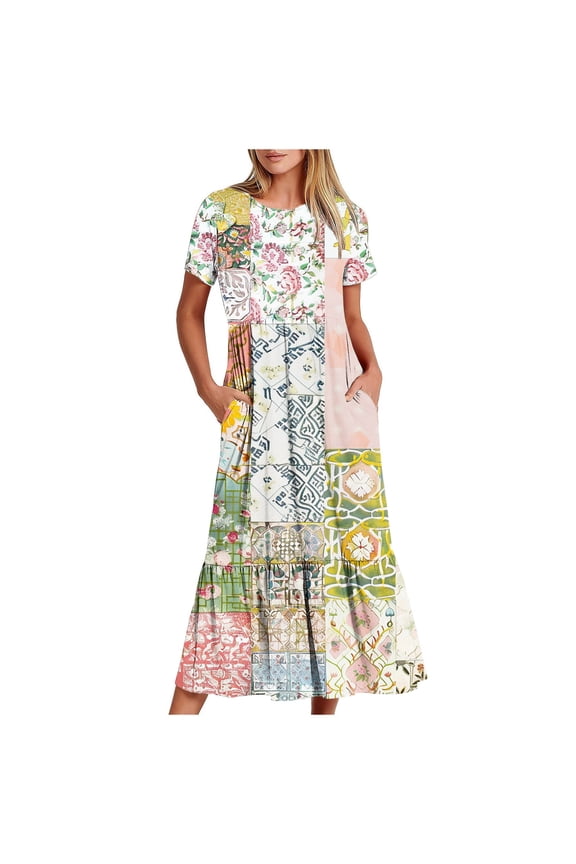 Plus Size Summer Dresses Long Beige Crew Neck Short Sleeve Graphic Flowy with Pocket Sundress