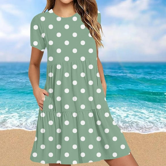 Sakmal Plus Size Summer Dresses Loose Fit Basic Polka Dot Green Comfort Fit Short Sleeve Long Sundress