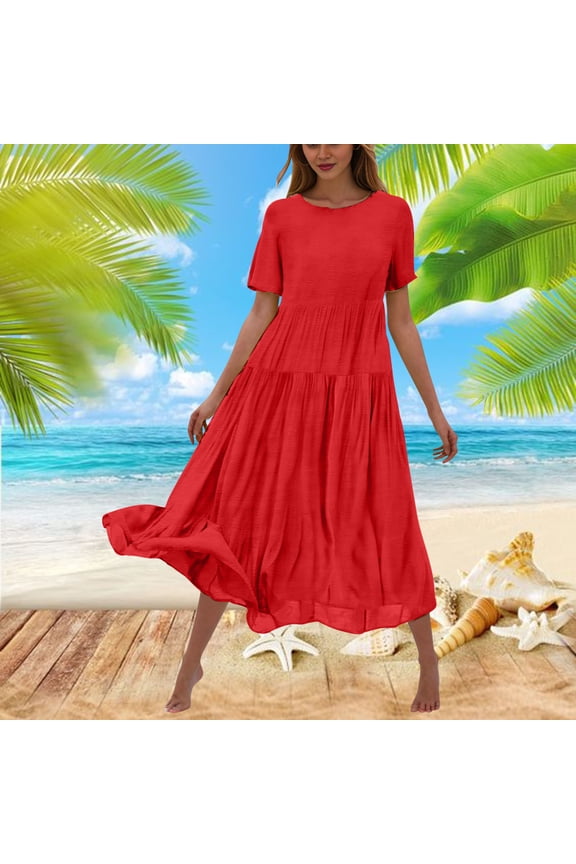 Plus Size Summer Dresses Solid Basic Short Sleeve Red Comfort Fit Long Shift Dress