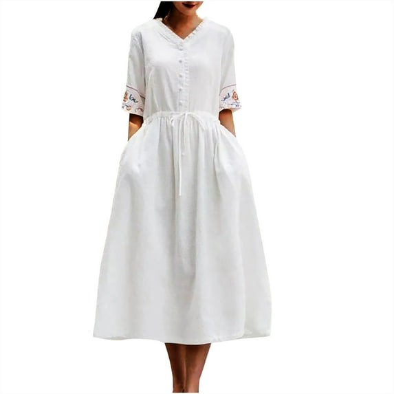 Sakmal Plus Size Summer Dresses White Long V-Neck Elbow-Length Solid Button Down Vintage Shift Dress