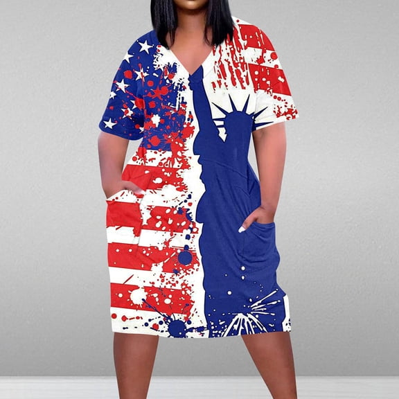 Sakmal Plus Size Summer Dresses for Women 2025 Short Sleeve Midi T Shirt American Flag Blue Dresses L-5XL