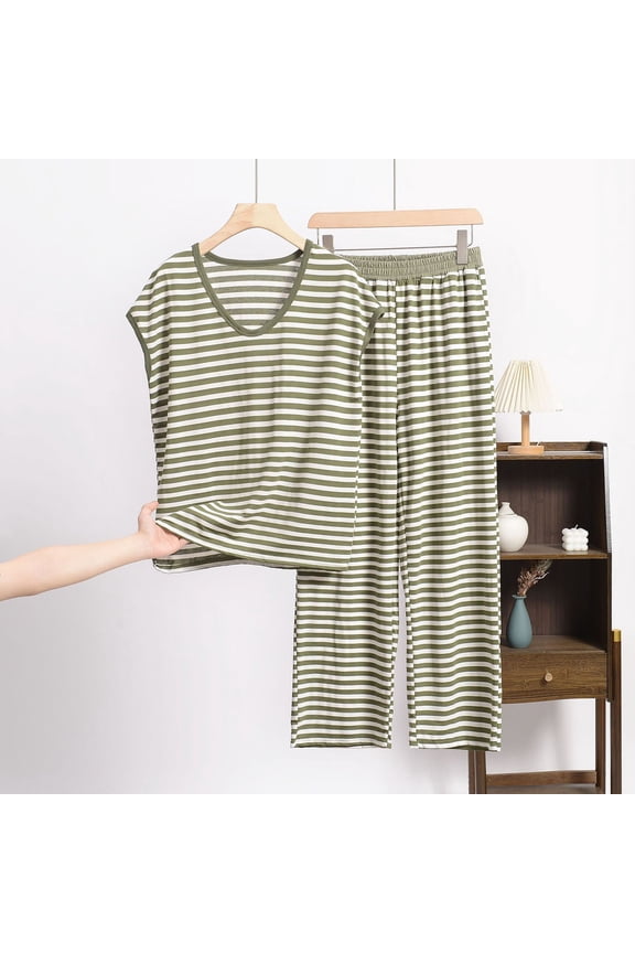 Plus Size Summer Pajamas for Women Set Soft Green Modal Sleeveless Loungewear V Neck Striped Pjs Sets for Women