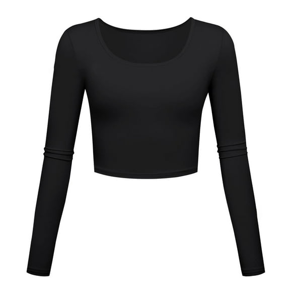 Sakmal Plus Size Tops for Women Black Long Sleeve Crew Neck Solid Crop Top T-Shirts Plus Size Ladies Shirts