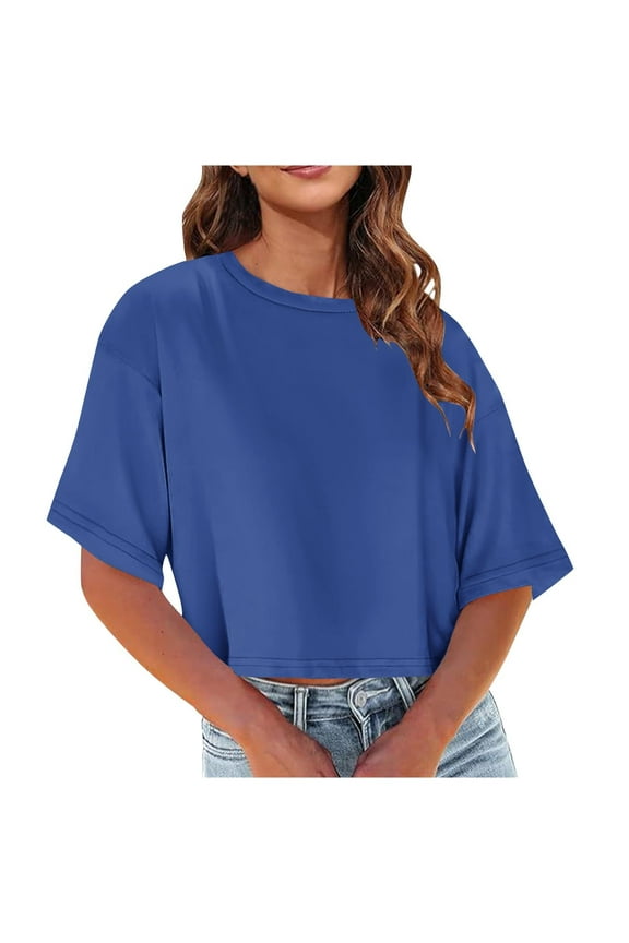 Plus Size Tops for Women Crew Neck Blue Elbow-Length Solid Loose Fit Ladies Shirts