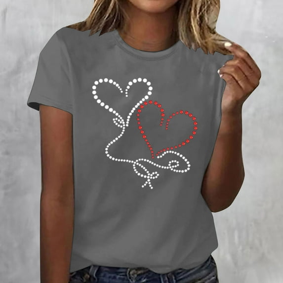 Sakmal Plus Size Tops for Women Gray Short Sleeve Crew Neck Love Heart T-Shirts Womens T Shirts