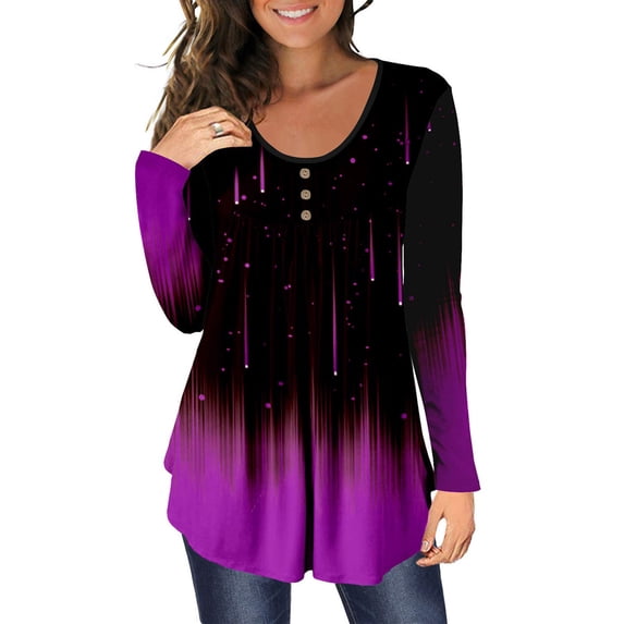 Sakmal Plus Size Tops for Women Long Sleeve Floral V-Neck Button Tunic Womens Shirts