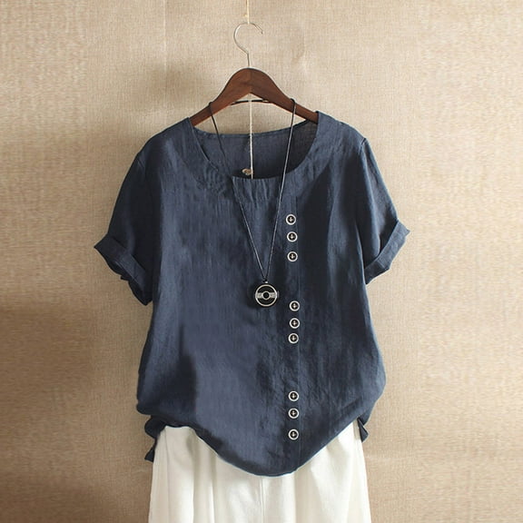 Sakmal Plus Size Tops for Women Pink Short Sleeve Solid Button V-Neck T-Shirts Womens Shirts for Summer