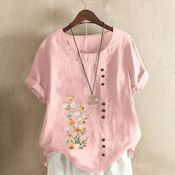 Sakmal Plus Size Tops for Women Short Sleeve Button Cotton Linen Crew Neck Floral T-Shirts Plus Size Ladies Shirts