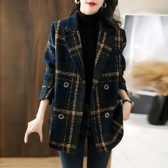 Sakmal Zip Up Trench Coat for Women Plus Size Wool Jacket Warm Long Blue Plaid Womens Jackets L