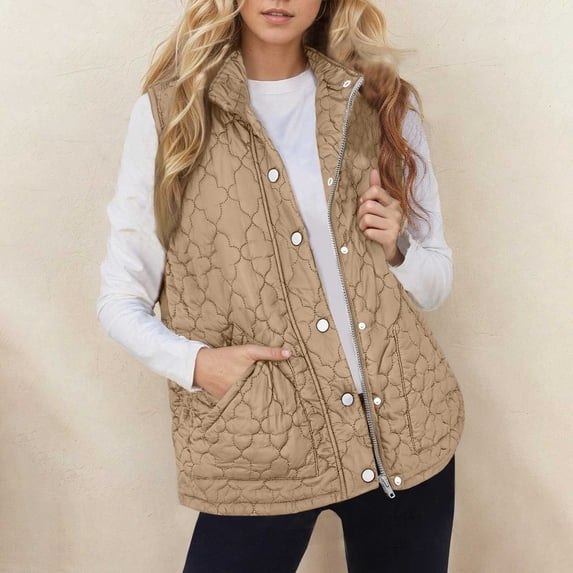Sakmal Plus Size Vest for Women Snow Zip Up Puffer Quilted Jackets Yellow Sleeveless Windproof Vests for Women
